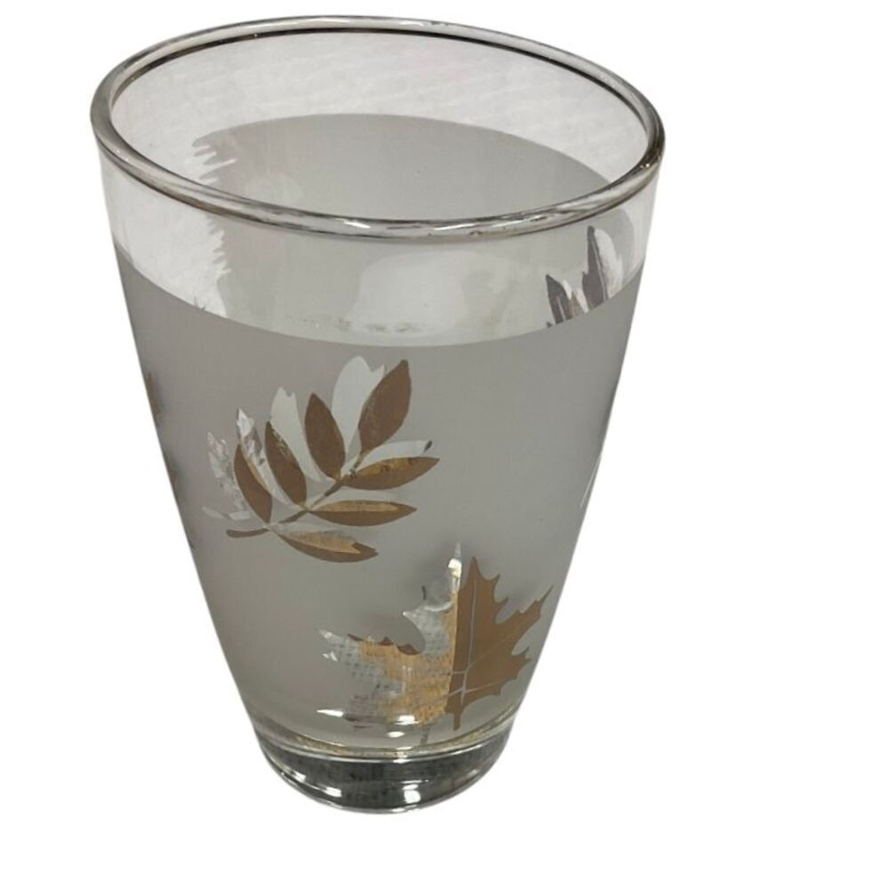 Vintage Frosted Glass Tumbler with Gold & Silver Leaf Pattern Fall Autumn MCM - Picture 5 of 9